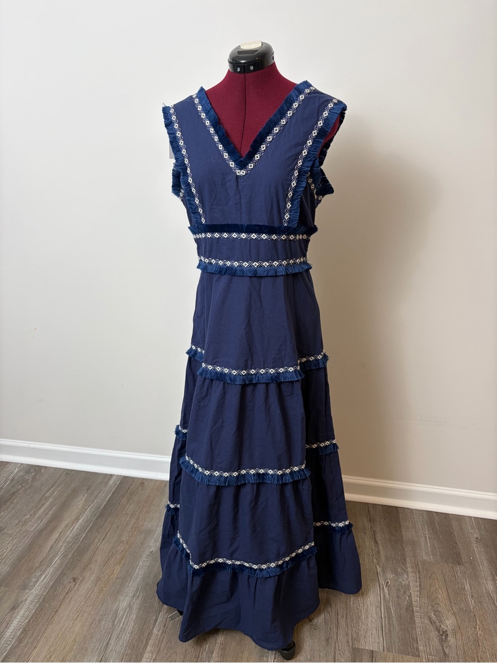 Women's Navy V-Neck Tiered Maxi Dress